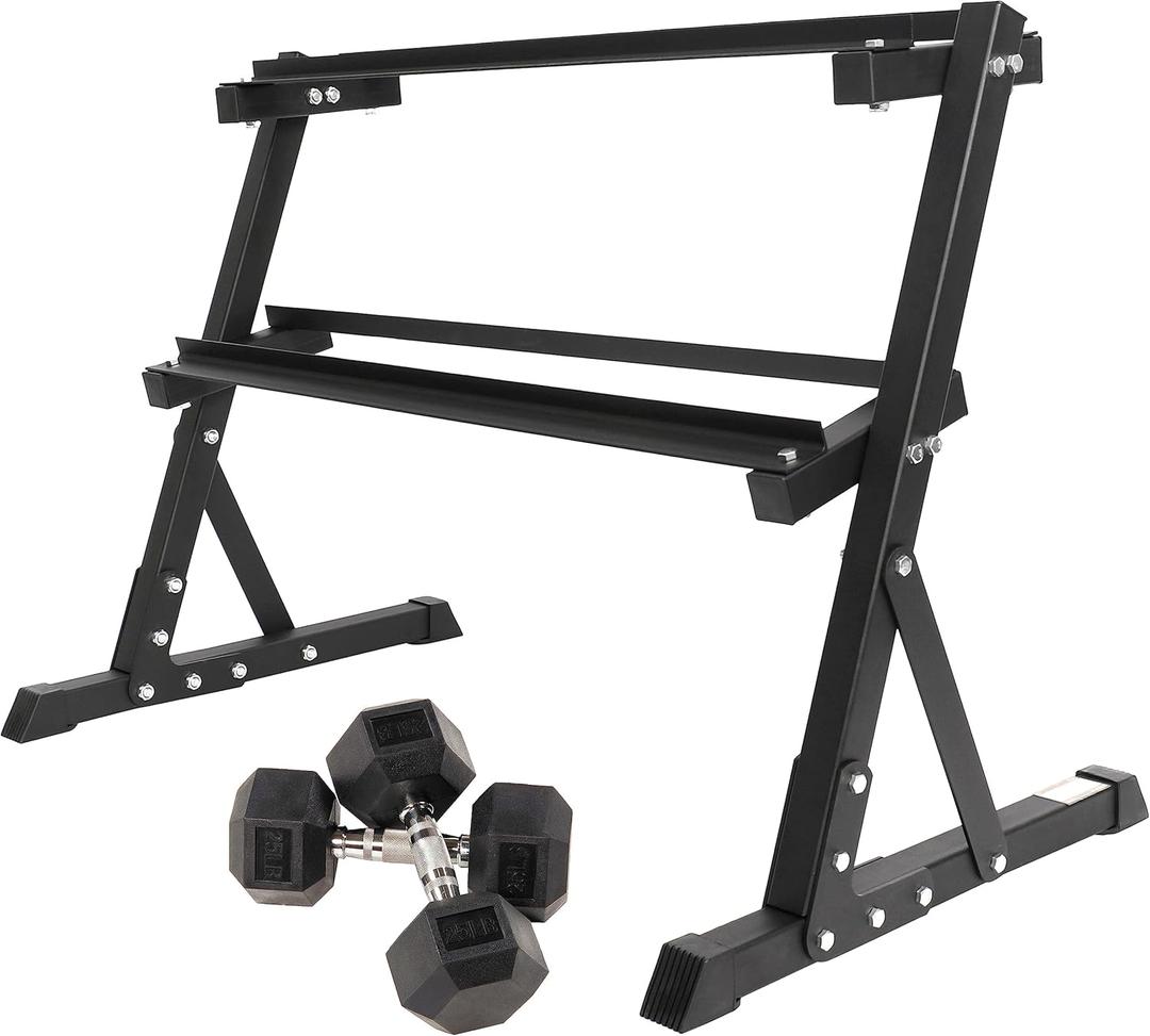 Signature Fitness Fitvids Rubber Encased Hex Dumbbell  25LB Pair with 2-Tier Rack  25LB Pair with 2T-Rack, Bundle  Black
