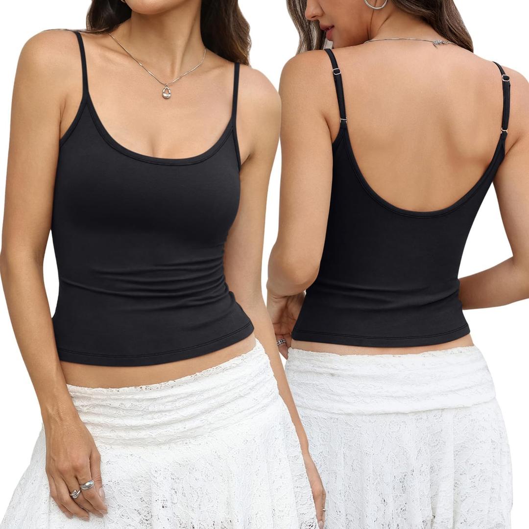 EasyGala Womens Cotton Scoop Neck Tank Top Adjustable Spaghetti Strap Camisole Basic Summer Fitted Backless Shirts 2026 (Black, L)