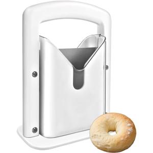 Bagel Slicer & Cutter for Large Bagels - Stainless Steel Universal Slicer with Safety Shield & Grip | Perfect for Homemade Bagel Making (White)