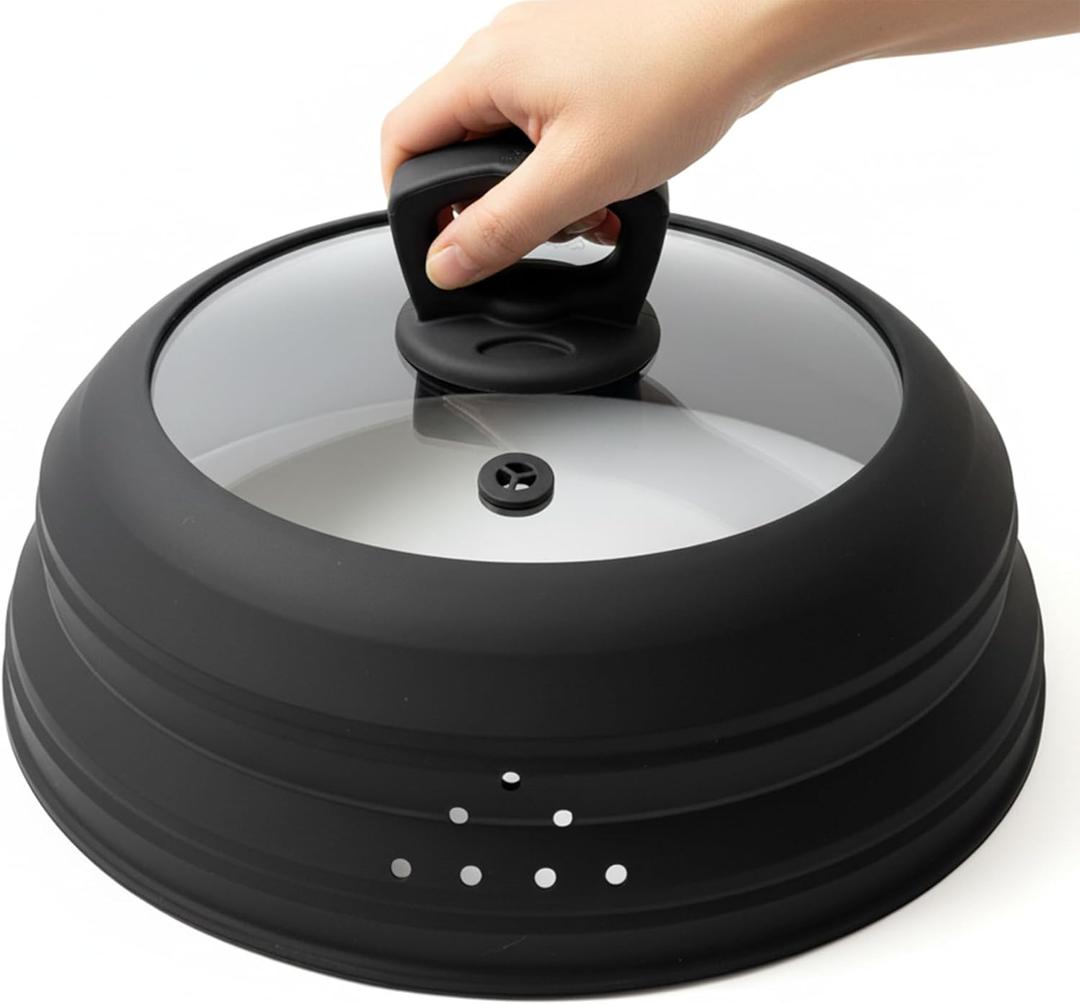 Microwave Splatter Cover Glass 10.5 Inch Microwave Cover for Food with Handle Collapsible Silicone Microwave Cover with Steam Vent for Pot Plate Bowl (Black)