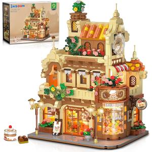 City Bakery Cafe House Building Set with Light, 1289 PCS Baking Shop Building Block Toy with Coffee Cake Bread Bakery Room, Pastry Construction Model for Adults Teens Kids Boys Girls Ages 8-12+