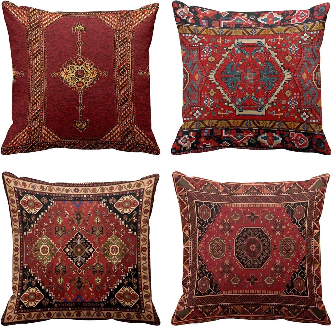 Britimes Throw Pillow Covers Geometric Kilim Moroccan Home Decor Set of 4 Oriental Ikat Pillow Cases Living Room Decorative 18 x 18 Inches Cushion Couch Sofa Pillowcases Colorful Red Tribal