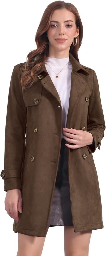Allegra K Women's Faux Suede Trench Coat Notched Lapel Double Breasted Jacket with Belt (Large, Coffee)