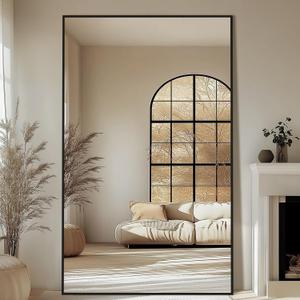 Large Mirror Full Length 72"X44", Oversized Floor Mirror with Stand, Black Free Standing Mirror Full Length for Gym Bedroom Living Room, Hanging or Wall Mounted, Shatterproof Tempered Glass