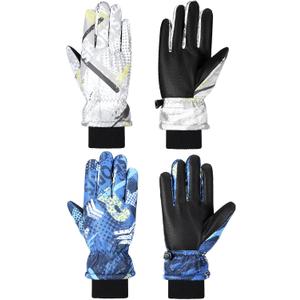 SATINIOR 2 Pairs Kids Waterproof Winter Snow Gloves Ski Gloves for Boy Girl Outdoor Warm Thickening Snowboar (6-10 Years, Blue Gold, Gray Gold)