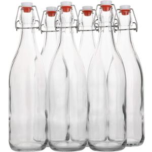 Flip Top Glass Bottle [1 Liter / 33 fl. oz.] [Pack of 6]  Swing Brewing with Stopper for Beverages, Oil, Vinegar, Kombucha, Beer, Water, Soda, Kefir Airtight Lid & Leak Proof Cap Clear
