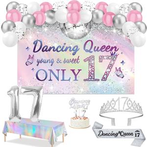 Dancing Queen Party Decorations 17, Silver Dazzle Dancing Queen Banner and Iridescence Tablecloth, Sash and Crown, 17th Birthday Cake Topper and Candles, Sweet 17 Birthday Balloon Set Arch