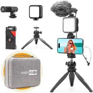 Smartphone Vlogging Kit for iPhone 16/15/14 Mini/Pro/Max, Android Smartphone Content Creator Kit w/Microphone Light Auto-Switch Phone Clip for YouTube Tiktok Live Steam (Vlog K2)