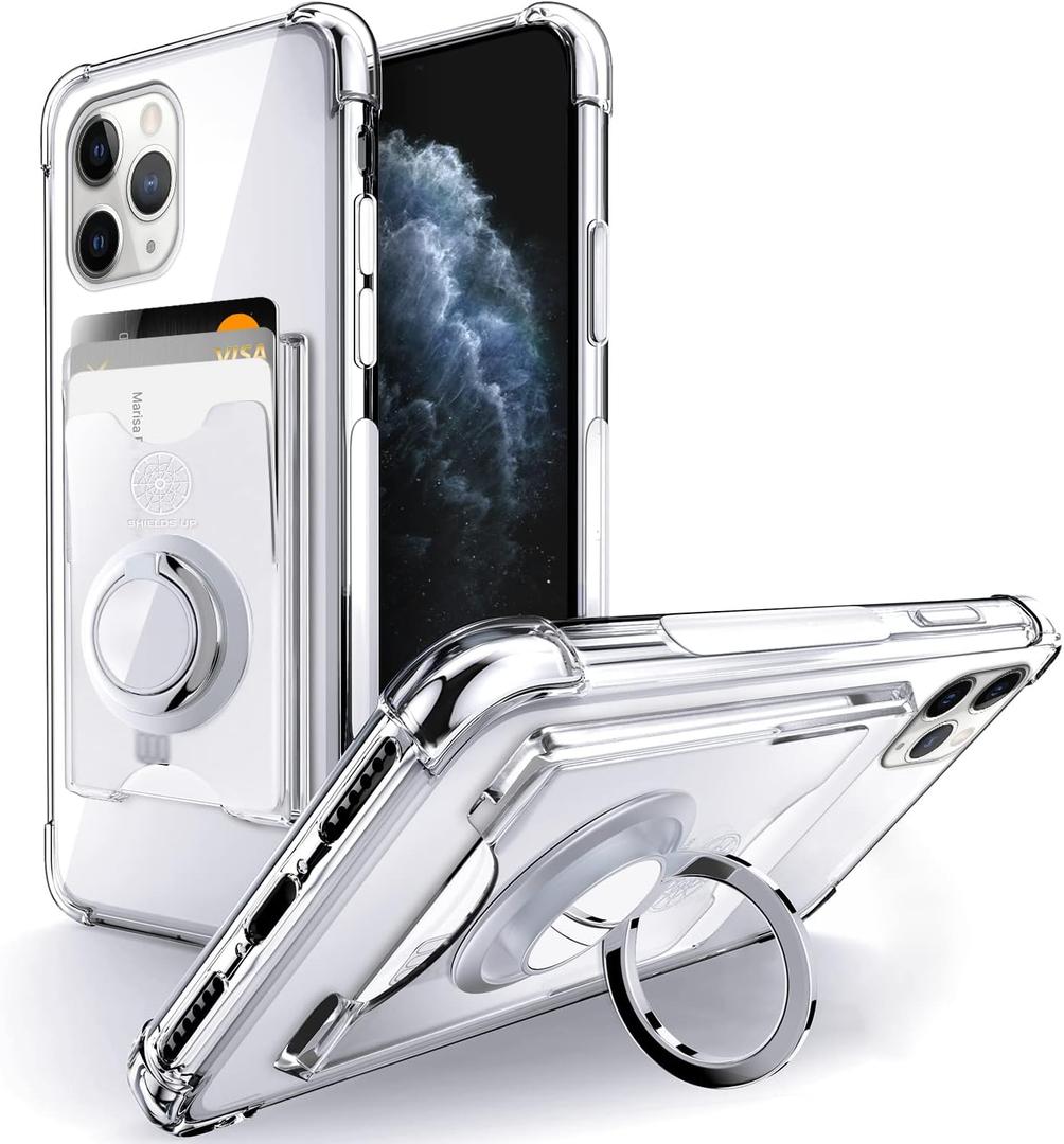 Shields Up Designed for iPhone 11 Pro Max Case, Minimalist Wallet Case with Card Holder [3 Cards] & Ring Stand, [Drop Protection] Slim Protective Cover for iPhone 11 Pro Max (6.5 inch) - Clear