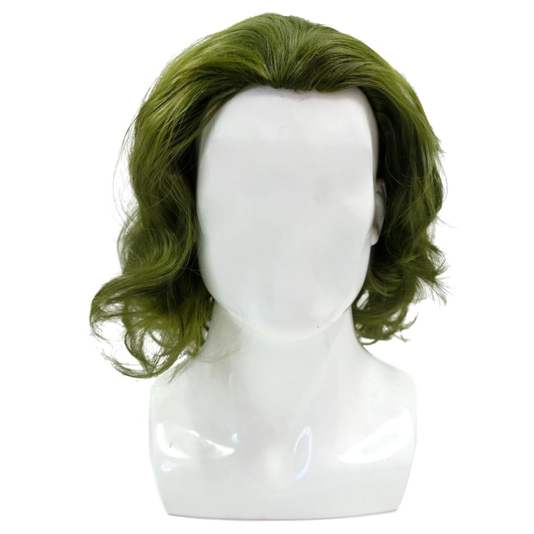 Men's Movie Joker Green Semi-long Wavy Wig Synthetic Hair Halloween Cosplay Costume Wigs for Men Boys (Green)