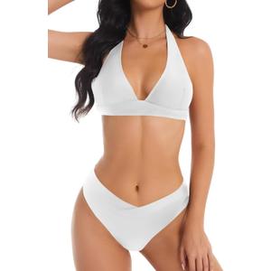 Bikini Sets for Women Two Piece Womens Swimsuits Sexy Adjustable Halter Tops Bathing Suit High Cut Bikini (Small, White)