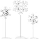 BBTO 3 Pcs Christmas Snowflake Table Decorations Tall Standing Snowflake Wood Sign Block Winter Wooden Xmas Standing Table Sign Christmas Fireplace Decoration for Xmas Party