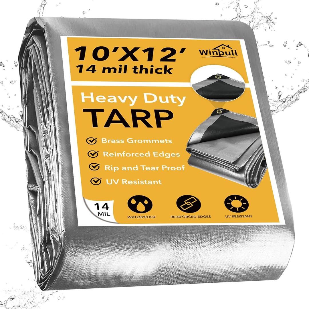 Tarp 10x12 Feet 14 Mil Heavy Duty Waterproof Tarp, Large Multipurpose Cover with Brass Grommets and Reinforced Edges, UV Resistant Thick Poly Tarps for Outdoor Camping Tent Pool Car (Silver/Black-14mil)