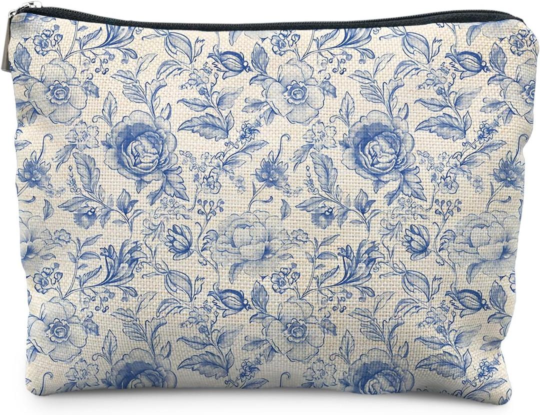 Navy Blue Vintage Floral Makeup Bag for Women, Grandmillennial Blue Flower Botanical Cosmetic Bag for Purse, Floral Makeup Zipper Pouch