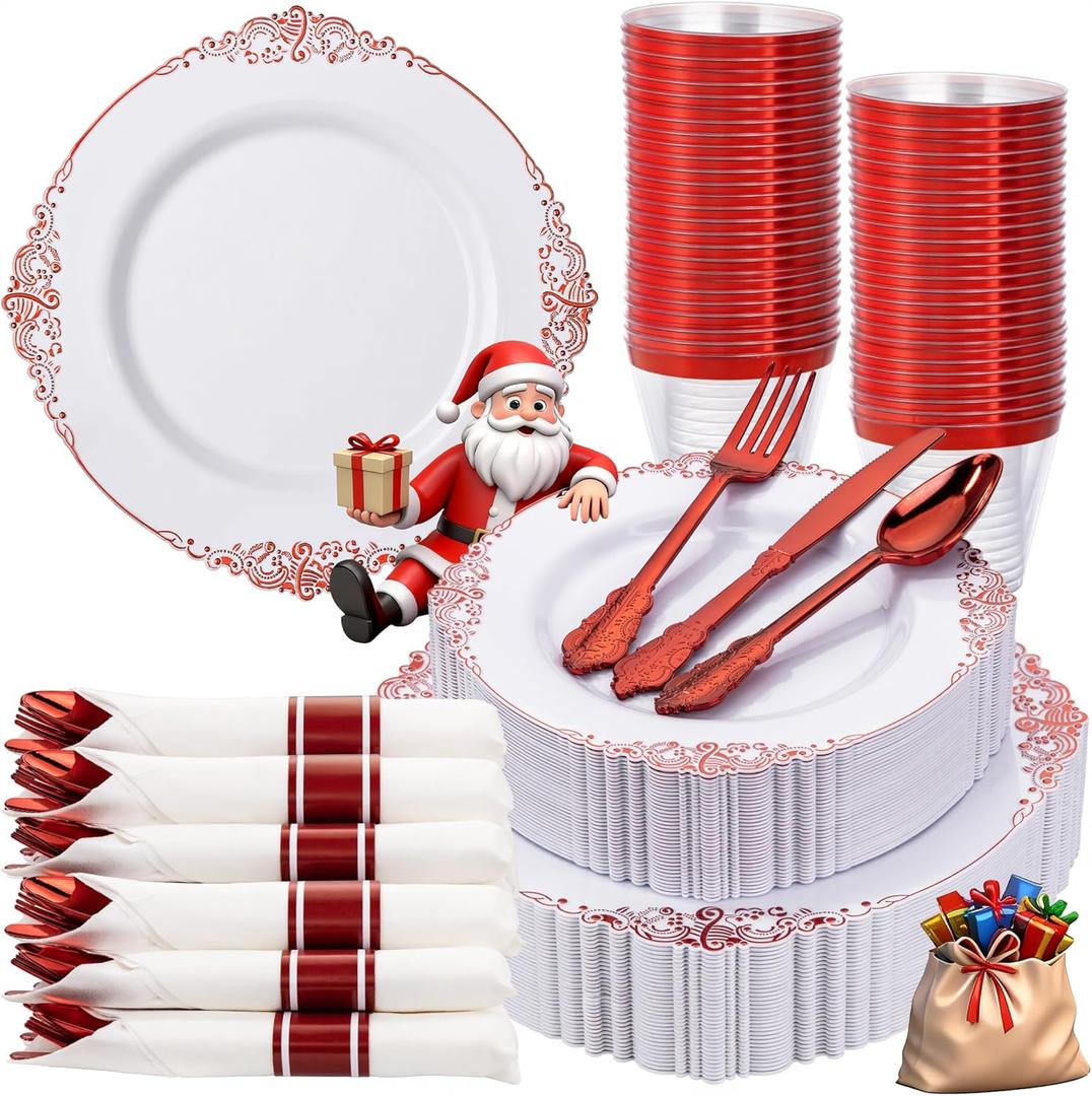 Nervure 350PCS Red Plastic Plates - White Red Plastic Dinnerware Set for 50 Guests - 100 Red Disposable Plates, 50 Pre Rolled Cutlery Set, 50 Cups Perfect for Wedding, Party & Christmas