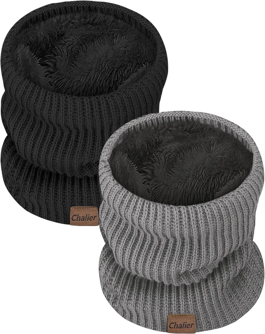 Neck Gaiters for Men Winter Warm Neck Warmer Thick Knit Windproof Gaiter Scarf Cold Weather Scarves (Grey Black 2 Pack)