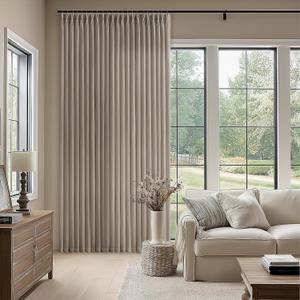 Linen Taupe Pleated Curtains 90 Inches Long 70 Inch Wide Patio Sliding Glass Door Curtains Light Filtering Semi Sheer Pinch Pleat Drapes Boho Extra Wide 70x90 Curtain for Living Dining Room