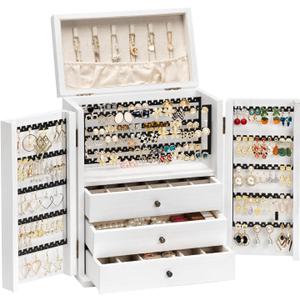 Jewelry Box Organizer, Large Jewelry Boxes for Women, Earring Jewelry Organizer for Necklace Earring Ring Bracelet, Rustic Wood Jewelry Organizer Box for Girls, Ideal Gift (White)