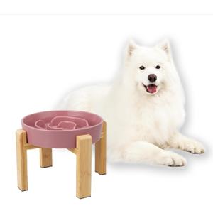 Elevated Slow Feeder Dog Bowl - Ceramic Food Dish with Bamboo Stand - Raised Maze Design - Ideal for Medium to Large Dogs - Pink - 8.8 inch (2.5 CUP)