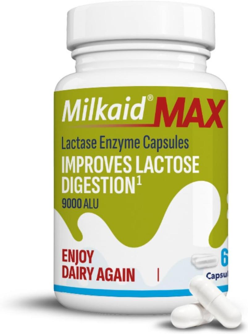 Milkaid Max Capsules for Lactose Intolerance Relief with Lactase Enzyme, Dietary Supplement to Help Prevent Gas, Bloating & Diarrhea Due to Lactose Sensitivity | 9000 ALU (60 Capsules, Unflavored) (60 Count (Pack of 1))