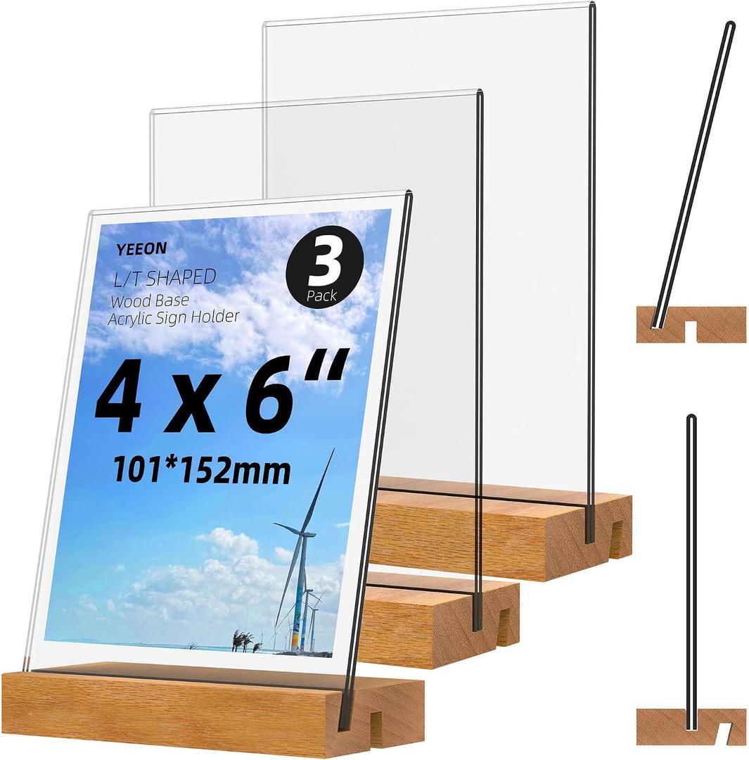 4x6 Inch Acrylic Sign Holder with Wooden Base, Desktop Display Stand (4x6 3Pack)