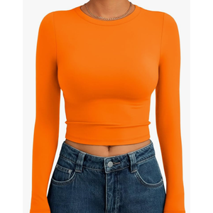 Trendy Queen Womens Long Sleeve Crop Tops Basic Slim Fitted Shirts Fashion 2025 Going Out Y2k Tops Teen Girl Clothes, XS, Ornge