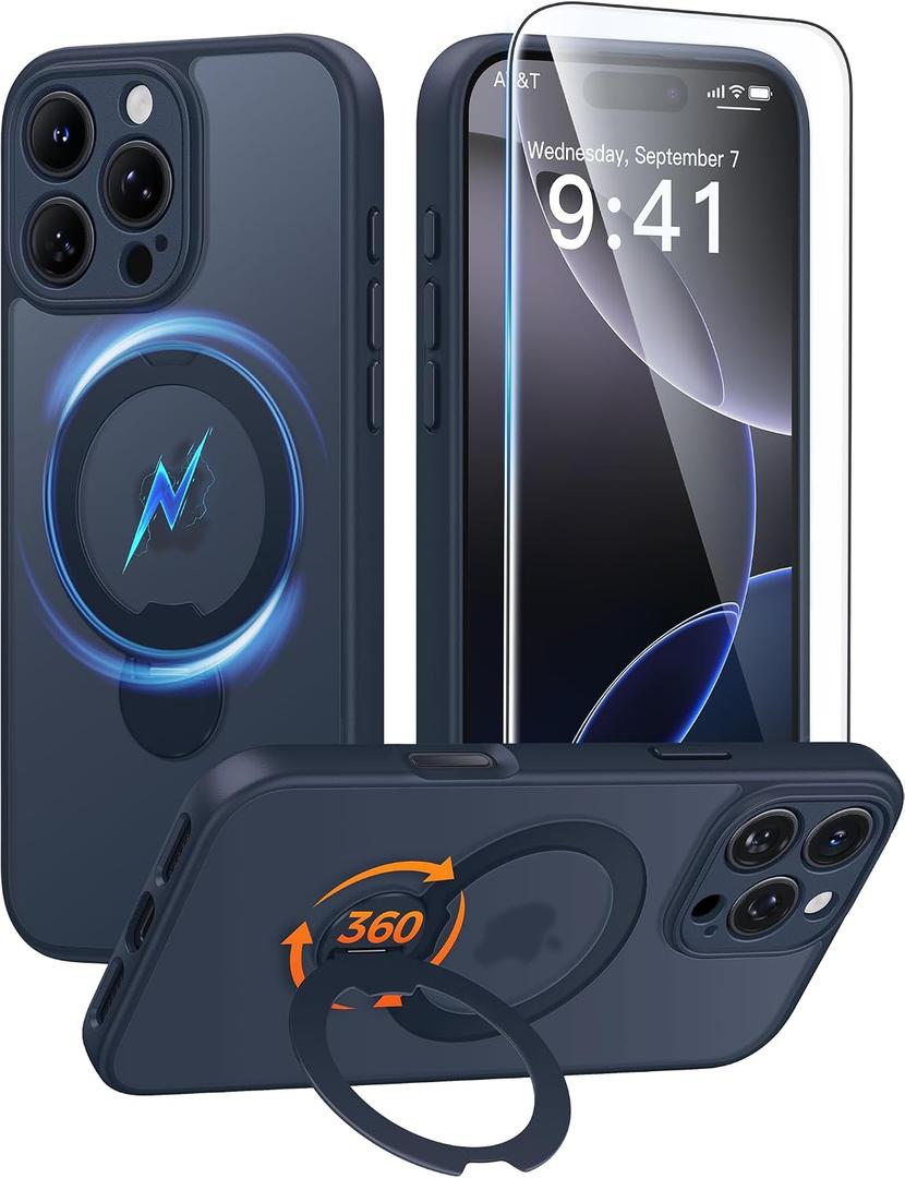 FNTCASE for iPhone 16 Pro-Max Case: [360 Spin Magnetic Stand] [Compatible with Magsafe] [Screen Protector] Translucent Matte Military Grade Shockproof Full Camera Protective Phone Cover - Deep Blue