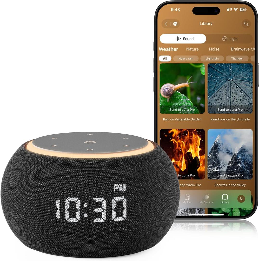 Hotmoon Alarm Clock with Sound Machine for Sleep, Luna Pro Dual-Stage Smart Alarm, 507 Sounds & 10 Healing Frequencies (108-963Hz), Pink Green Brown White Noise for Sleeping Adults Meditation, Plug In