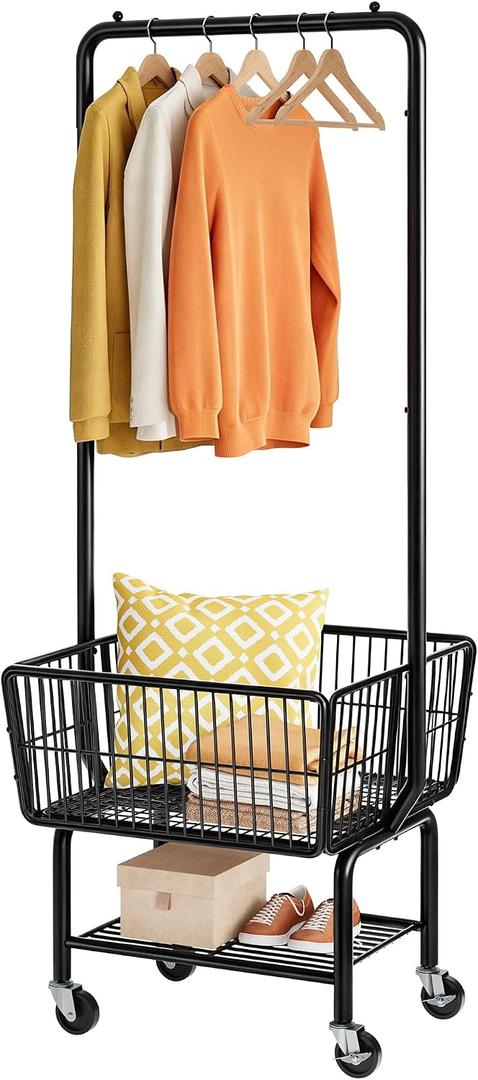 Tajsoon Rolling Laundry Cart with Hanging Rack & Laundry Basket, Black, Large