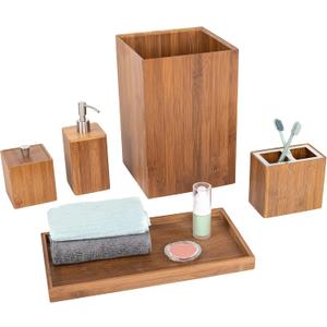 Seville Classics Bamboo Eco-Conscious Bathroom Vanity Organizer Set Kitchen Home Over The Sink Trash Bin, Soap, Cotton Ball Holder, Towel Tray, 5 Piece, Bamboo