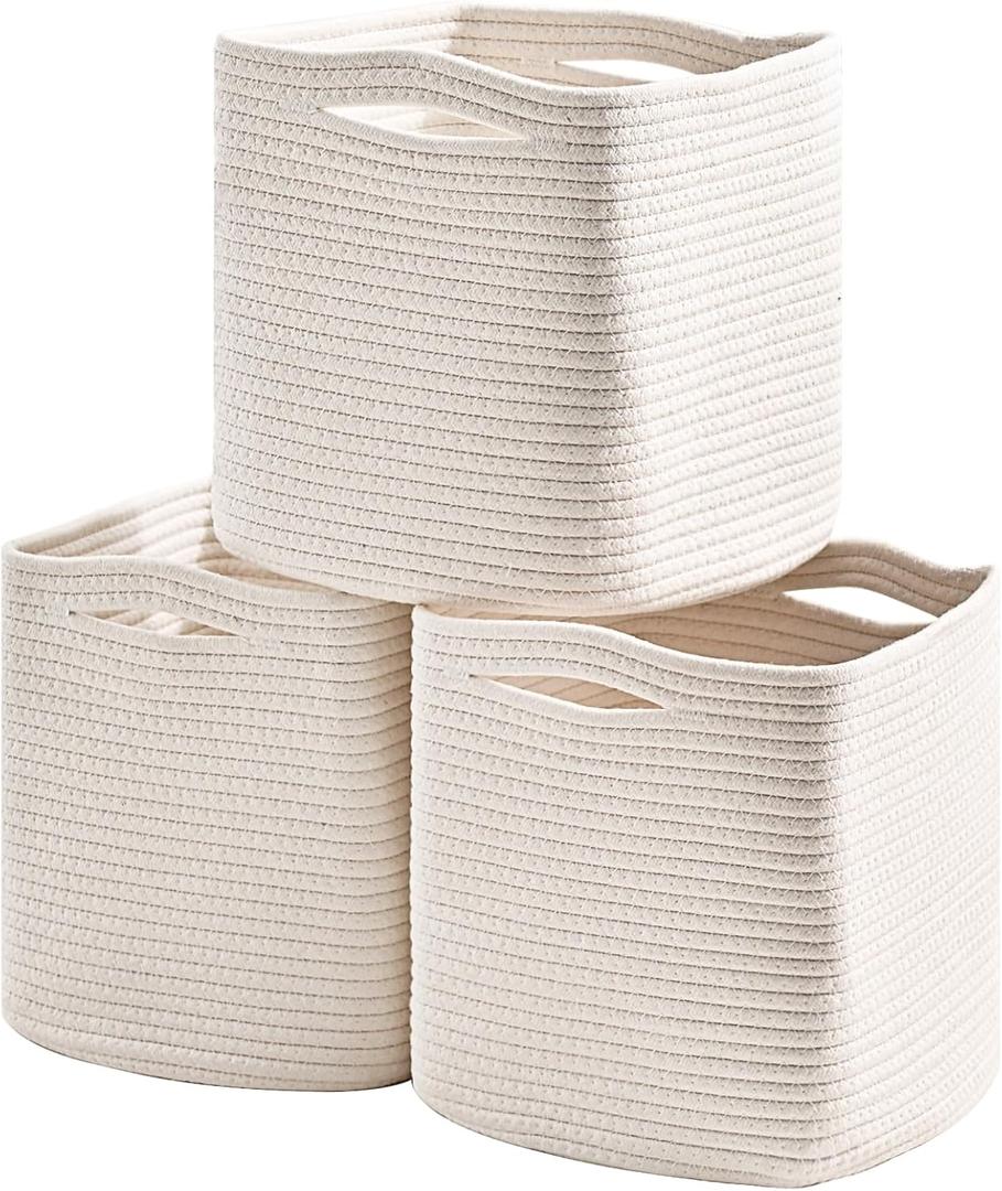 11 Inch Cube Storage Bins, 11x11 Cube Storage Bins for Cube Organizer, Square Cloth Storage Cubes, Woven Storage Baskets for Shelves, Toy Rope Baskets Storage Kids, Off White (Pack of 3)