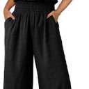 Dokotoo Womens Overalls Black Jumpsuits for Women Casual Loose Fit Solid Color Wide Leg One Piece Short Sleeve Jumpsuit Smocked Waisted Long Pant Rompers with Pockets Medium