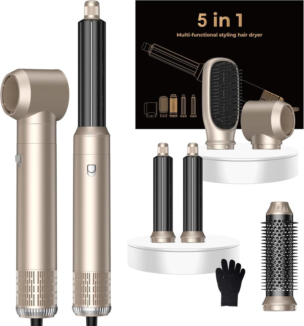 5 in 1 Hair Dryer Brush Set,Professional Negative Ionic Hot Air Styler, Air Curling Wrap Styler,Detachable Blow Dryer Brush With Auto Wrap Curlers,Hair Styling Tools For Straight/Curl/Drying/Smoothing (Champagne Gold)