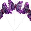 Set of 12 Glitter Monarch Feather Butterflies on Wire for Floral Arrangements and DIY Decorations (Purple/Silver)