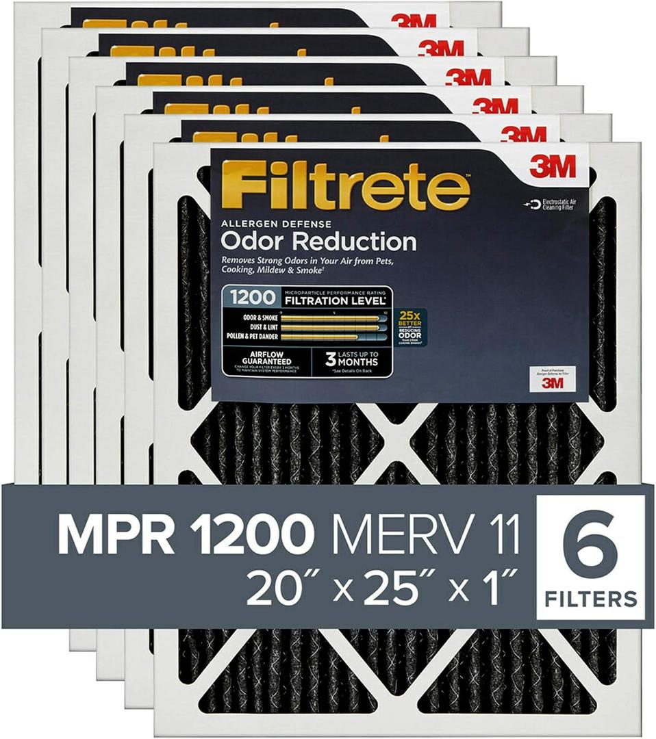 Filtrete 20x25x1 Air Filter, MPR 1200, MERV 11, Allergen Defense Odor Reduction 3-Month Pleated 1-Inch Air Filters, 6 Filters