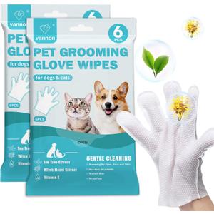 Vannon Extra Thick Pet Bathing Wipes for Dogs & Cats, Cleaning & Odor-Controlling Grooming Gloves, Nourish Fur Glove Wipes for Daily Care and Traveling, Rinse Free, Unscented, 2 Pack, 12 PCS