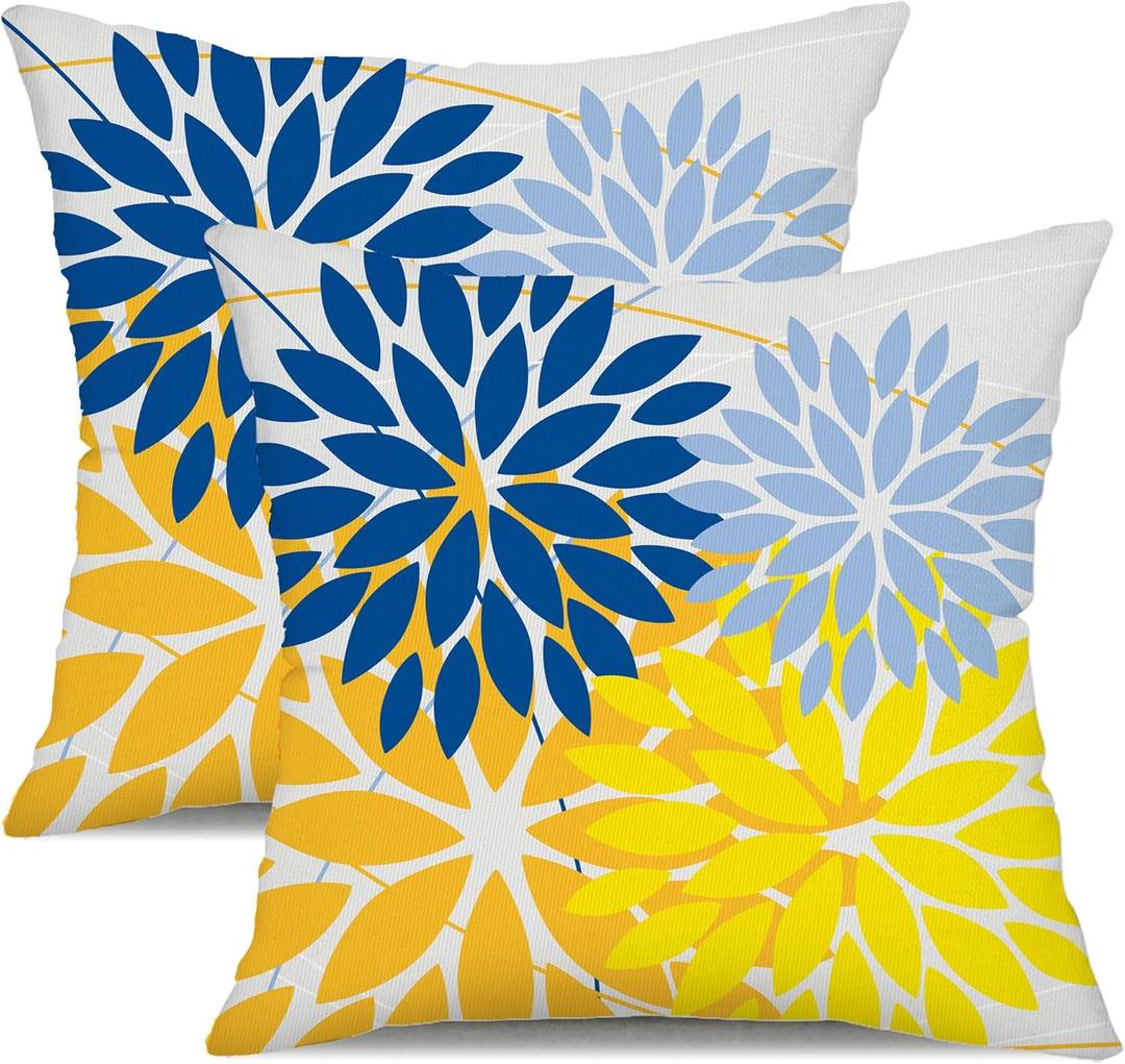 DFXSZ Outdoor Pillow Covers 16x16 Inch Set of 2 Yellow Blue Flower Decorative Waterproof Spring Summer Outdoor Pillow Covers for Patio Funiture Garden Couch 168E16