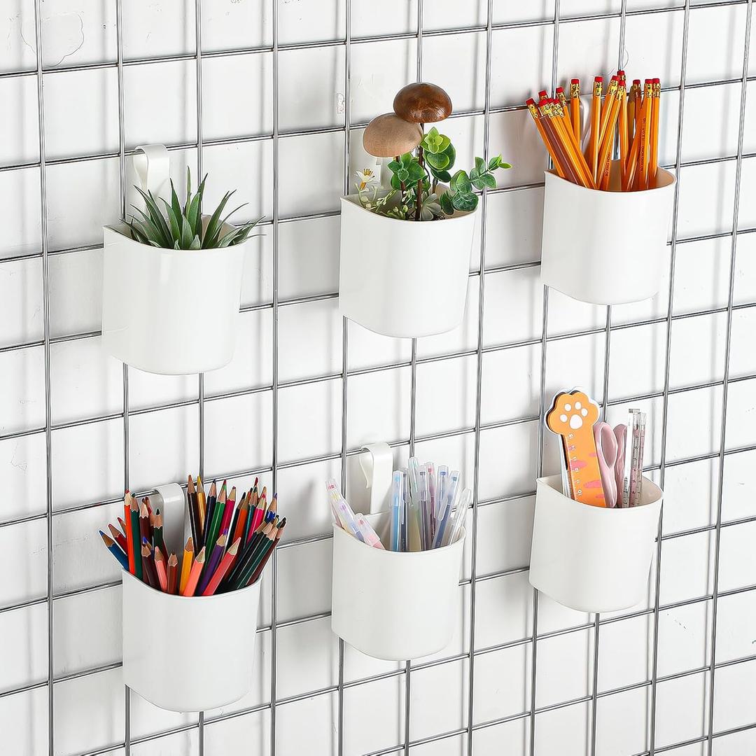 Threehoney 6 Pcs Grid Wall Baskets for Storage Grid Panel Accessories Hanging Bins Gridwall Cups for Kitchen and Bathroom, Hanging Baskets for Organizing, White
