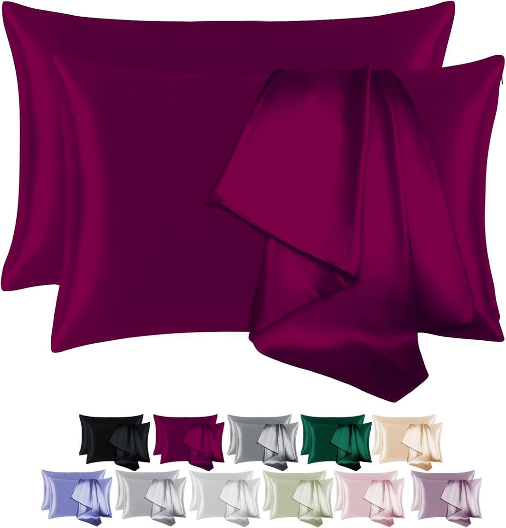 100% Mulberry Silk Pillowcase Set of 2 for Hair and Skin,with Hidden Zipper,Both Sides 19 Momme 600 Thread Count Natural Silk Pillow Cover,Soft Breathable Smooth (Burgundy, King 20''x36'')