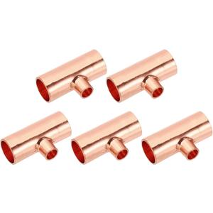 PATIKIL 1/2" x 1/4" x 1/2" ID Reducing Tee Copper Fitting, 5pcs 99.9% 3 Way Pure Copper Pipe Tube Connector Adapter Reducer with Sweat Solder Connection for HVAC Refrigeration System
