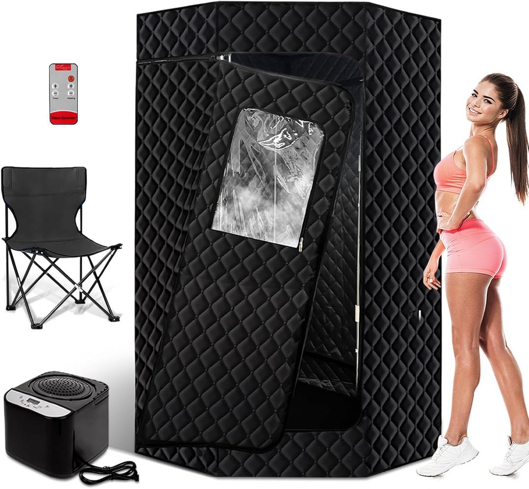 PEEKO Portable Sauna Box, Steam Sauna for Home with 4L Steamer, Remote Control, Folding Chair and Mat, Personal Sauna Tent for Wellness & Relaxation, 71x 36x36, 15 Levels,Gym-Black