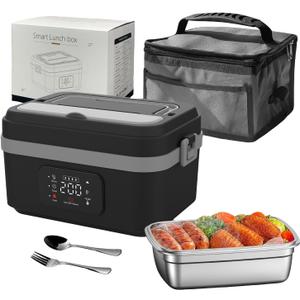 Heated Lunch Box with Battery, 1.3 L Adult Lunch Box with Stainless Steel Dishes and Insulated Bag, Rechargeable Electric Lunch Box with Timer and Function (D)