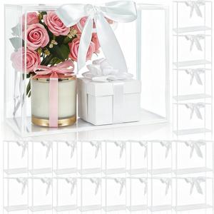 Cididu 20 Pack Clear Plastic Gift Bags with Handles, 12x10x5 Inch Reusable Goodie Flower Bag with Ribbon, Gift Packaging Bags Bulk for Thanksgiving, Christmas, Wedding, Party, Birthday, Bridal Shower