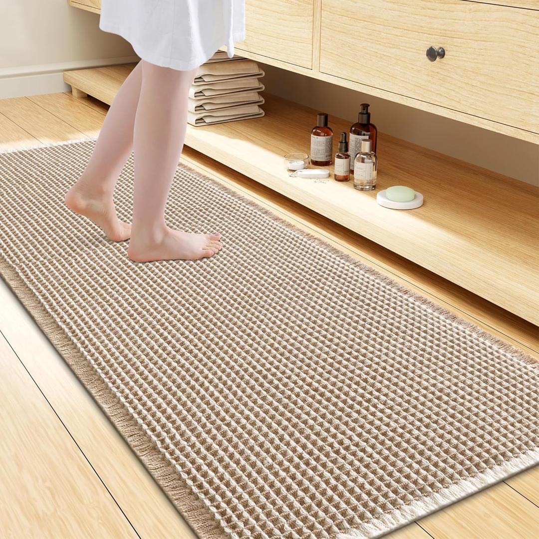 Smiry Waffle Bath Mat 24x16, Extra Soft Absorbent Bathroom Rugs, Non Slip Machine Washable Quick Dry Bath Rugs for Bathroom Floor, Tub, Shower, Home Decor Accessories, Brown & Cream