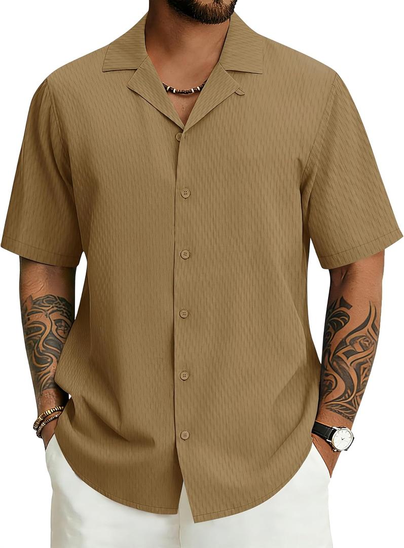 Cotrasen Men's Cuban Collar Shirt Short Sleeve Button Down Summer Shirts | Soft, Breathable, Loose Fit, Textured, Wrinkle-Free, Untucked, Lightweight, Business Casual, Beach Vacation Hawaiian Tops (XL)