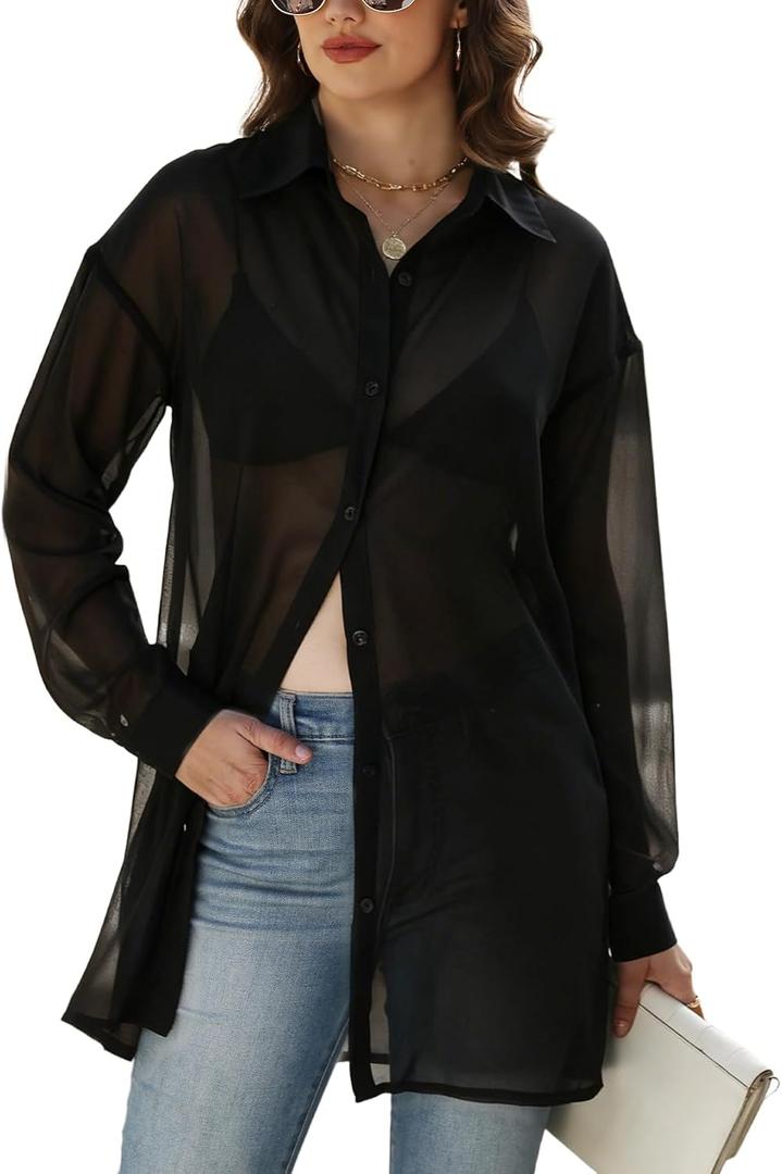 Gihuo Women s Sheer Blouse Mid Long Button Down Shirt Mesh Shirt Sexy See Through Top (Black)
