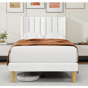 alazyhome Platform Bed Frame Twin Size with Upholstered Headboard, Solid Wood Slats Support, No Box Spring Needed, Noise Free, Easy Assembly, Modern Fabric Bed, White
