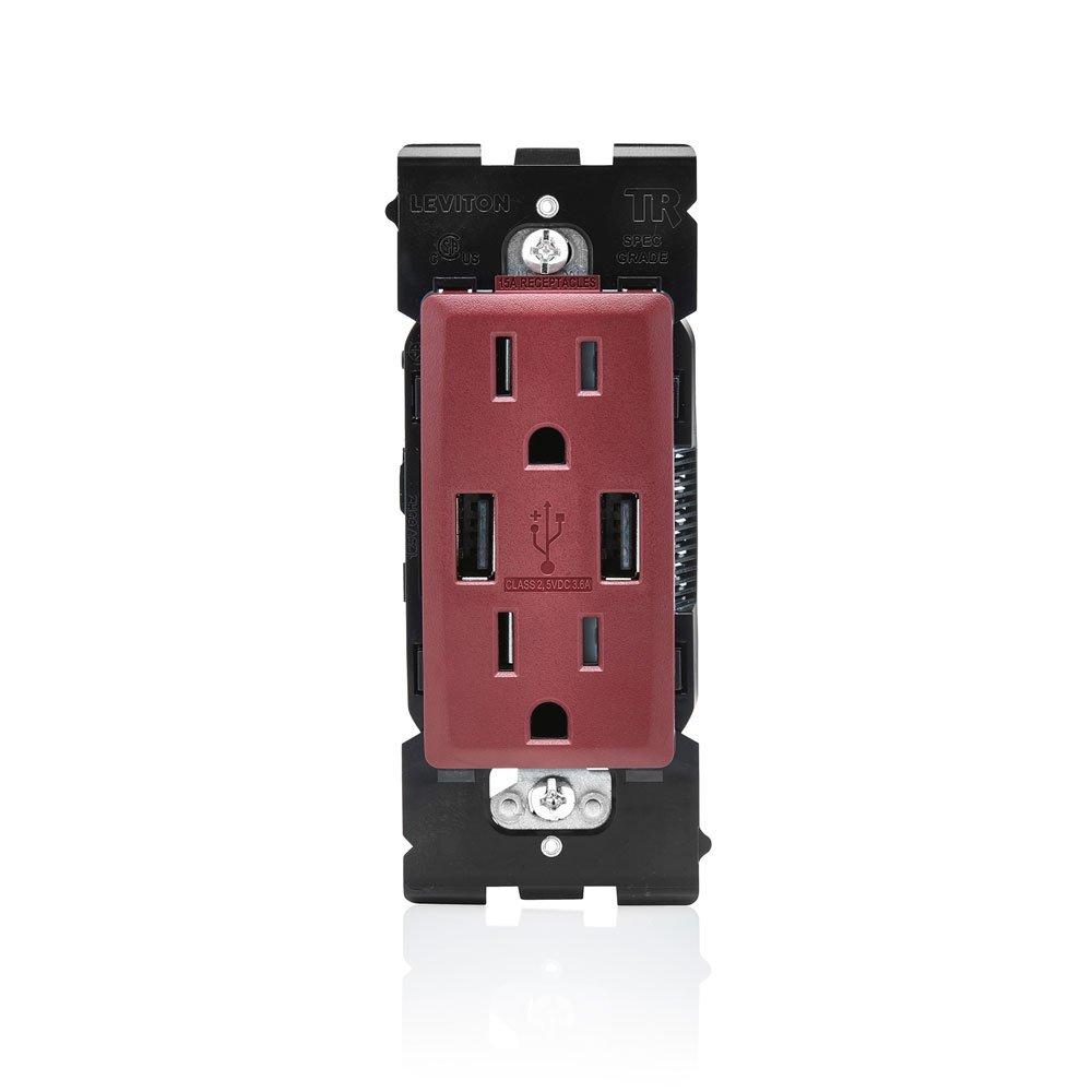 Leviton Renu USB Charger/Tamper-Resistant Duplex Outlet, 15A-125VAC, RUAA1-DG, Deep Garnet