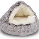 ShinHye Cozy Cat Bed - Round Plush Fluffy Hooded Cave, Indoor/Outdoor, Waterproof & Washable (20x20inch, Coffee)