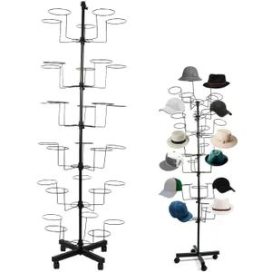 uyoyous 6-Tier Hats Display Rack Rotating Retail Hat Rack Stand 30 Hooks Adjustable Hat Headwear Rack with Wheels Metal Self-standing Hat Hanger Floor Standing Tower for Wig Cap Baseball Hats